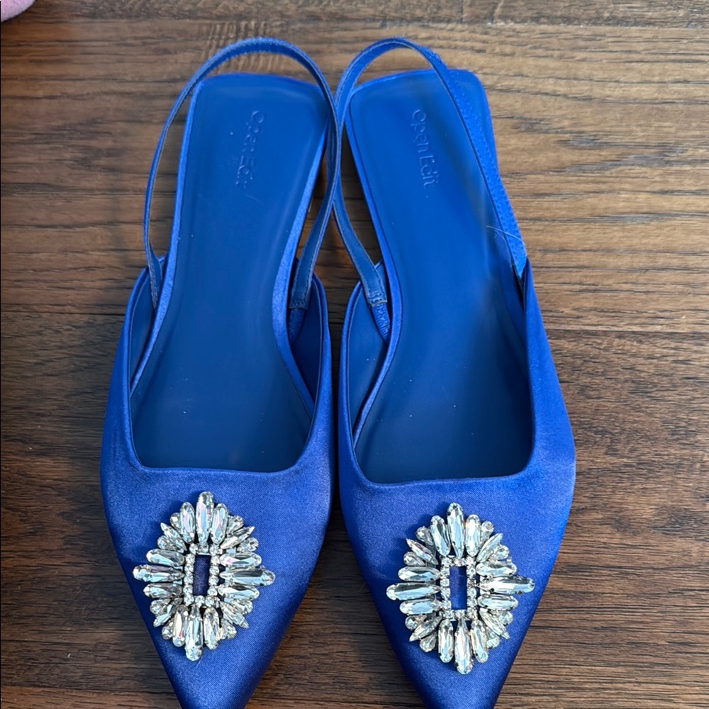 Open Edit Blue Satin Slingback Heels with Crystal Embellishment